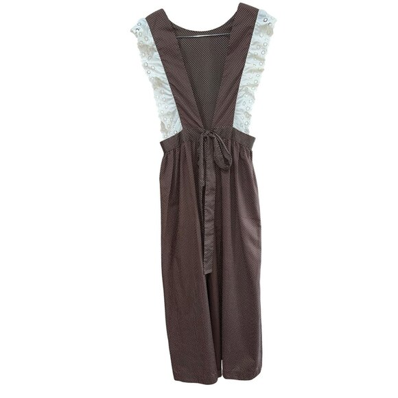 Vintage Brown Polka Dot Pinafore Apron Dress  w/ Eyelet Ruffle Sleeves & Tie Wai - Picture 8 of 8